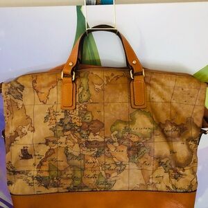 Alviero Martini Tan and Brown Map Print Travel Bag